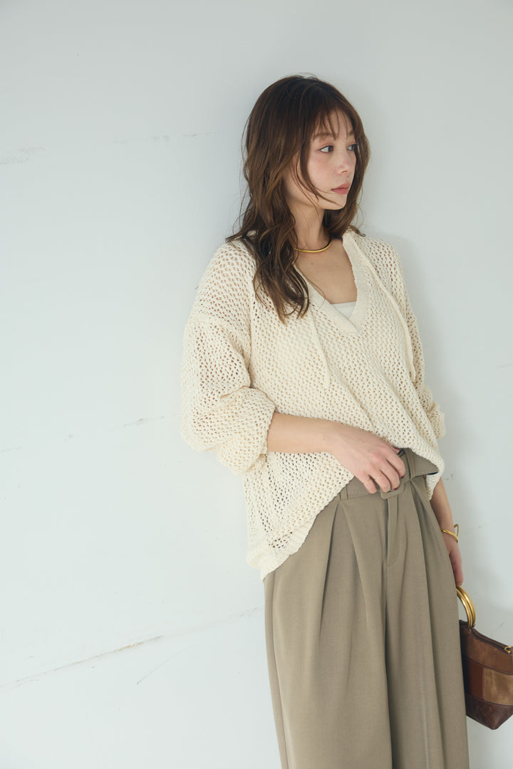 【即納】ミックスメッシュキーネックプルオーバー