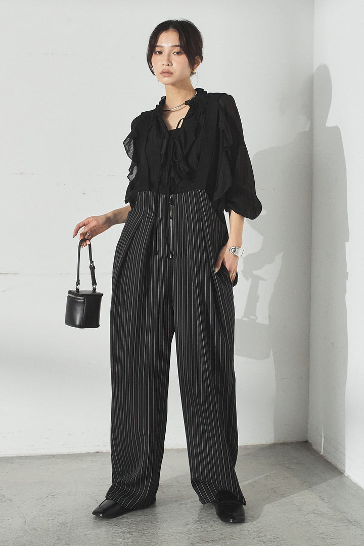 [SET]フロントリボンフリルブラウス+ピンストライプツータックサロペット(2set)