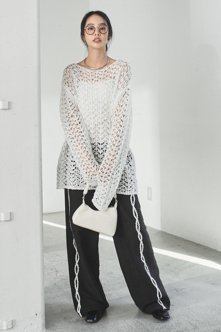 [SET]リラックスメッシュニットトップス+刺繡テープラインパンツ(2set)