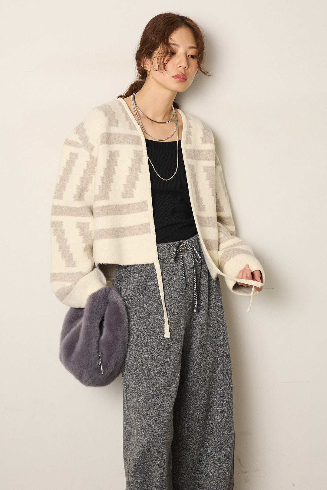 [SET]幾何学柄ノーカラーカーディガン+杢ニットフレアパンツ(2set)