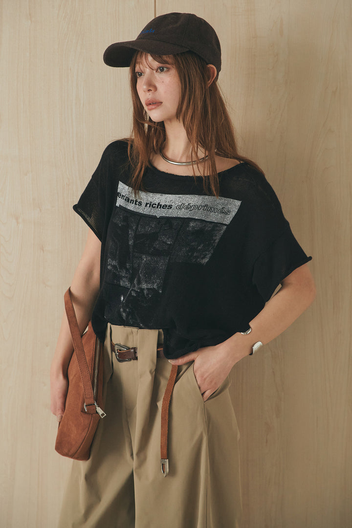 [SET]半袖モノトーングラフィックトップス+ベルトループデザインハイウエストタックパンツ(2set)