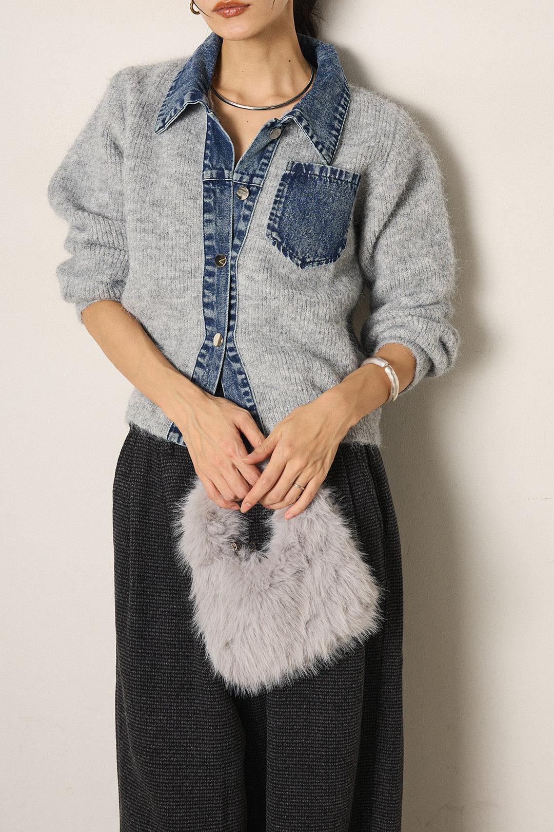 [SET]襟付きデニム切替ニットカーディガン+起毛タック入りツイードワイドパンツ(2set)