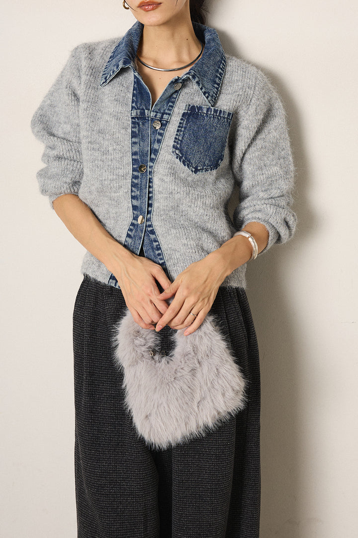 [SET]襟付きデニム切替ニットカーディガン+起毛タック入りツイードワイドパンツ(2set)