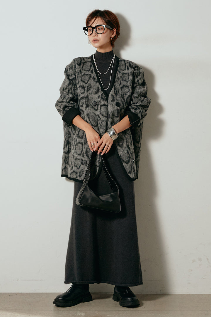 [SET]ノーカラーレオパード柄アウター+ノースリーブニットロングワンピース(2set)