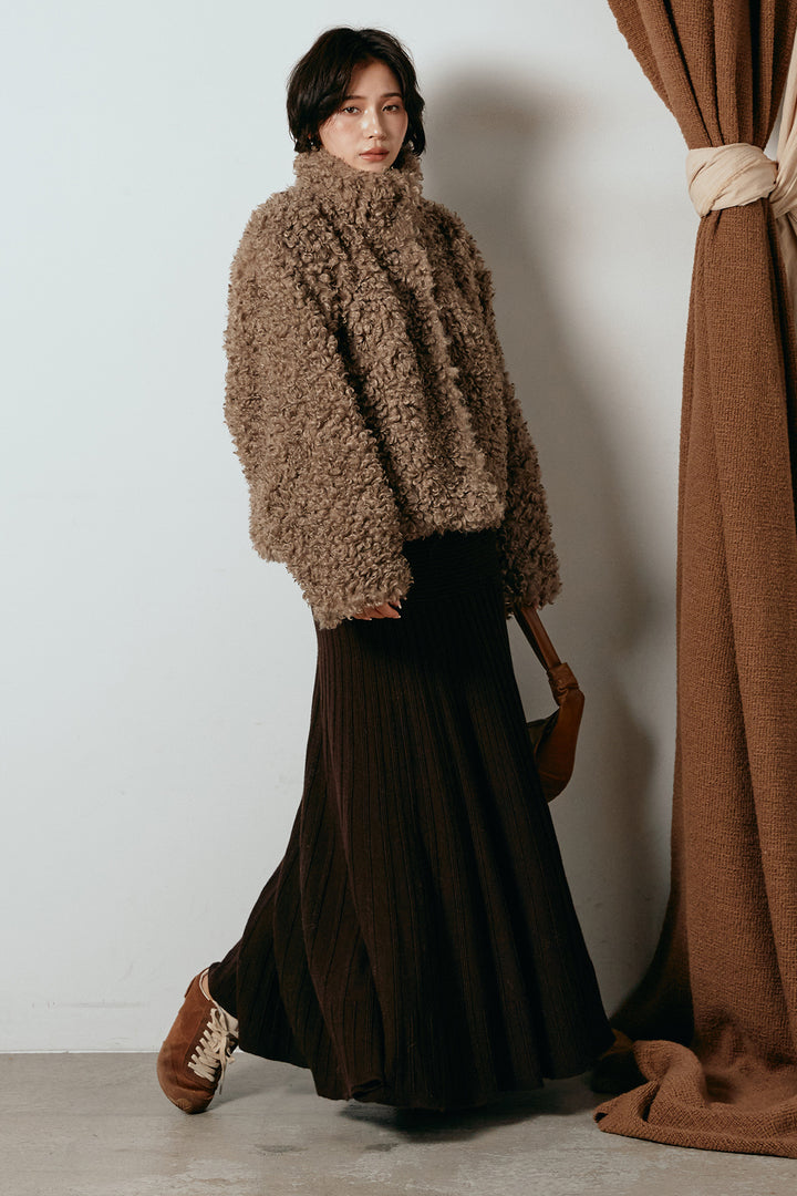 [SET]プードルファーミドルジャケット+編み地切り替えフレアニットスカート(2set)
