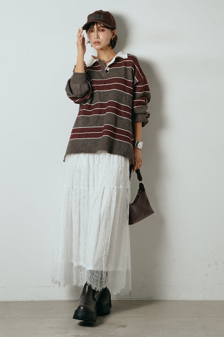 [SET]ラガーニットボーダーポロプルオーバー+ひげレース切替ロング丈スカート(2set)