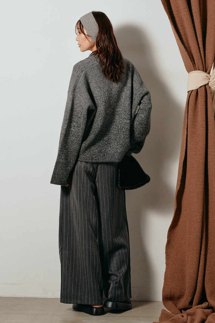 [SET]グラデーションラメニットキーネックプルオーバー+ストライプヘリンボーンパンツ(2set)