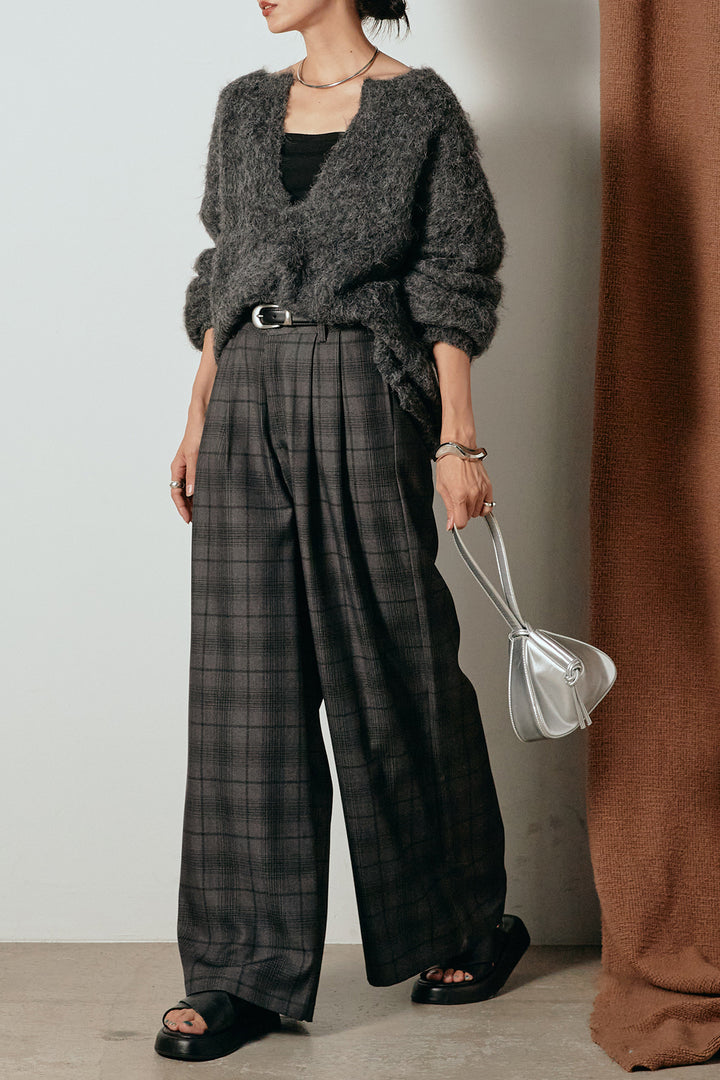 [SET]ミックスシャギー深Vニット+タック入りタータンチェックワイドパンツ(2set)