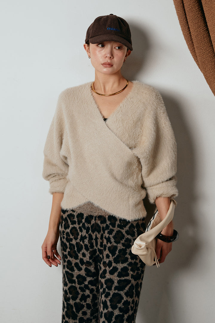 [SET]シャギーカシュクールニットトップス+リラックスレオパード柄ニットパンツ(2set)