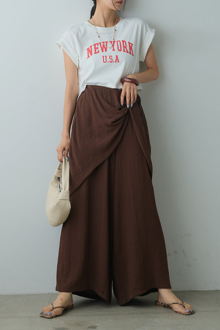 [SET]ショート丈NEWYORKロゴTシャツ+ねじりデザインワイドパンツ(2set)