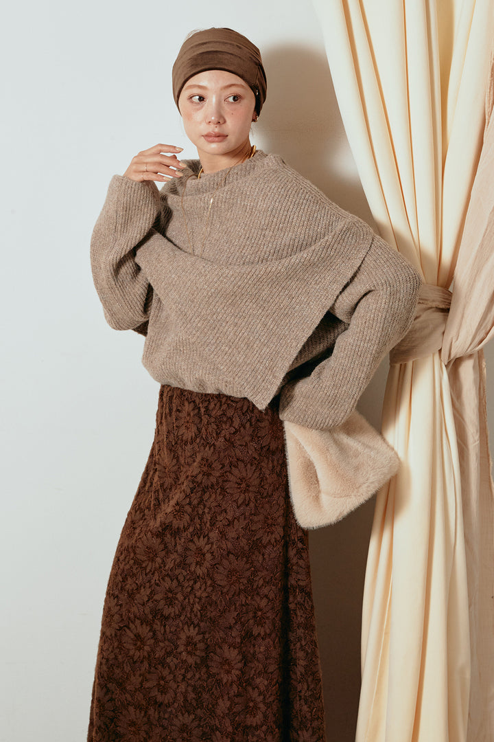 [SET]ケープデザインリブニットトップス+花柄刺繍ベロアフレアスカート(2set)