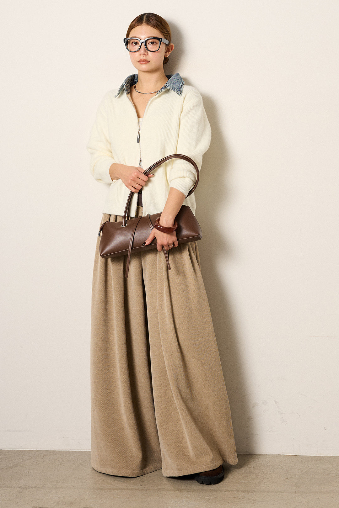 [SET]デニム襟ダブルジップニットトップス+ベルトループコーデュロイワイドパンツ(2set)