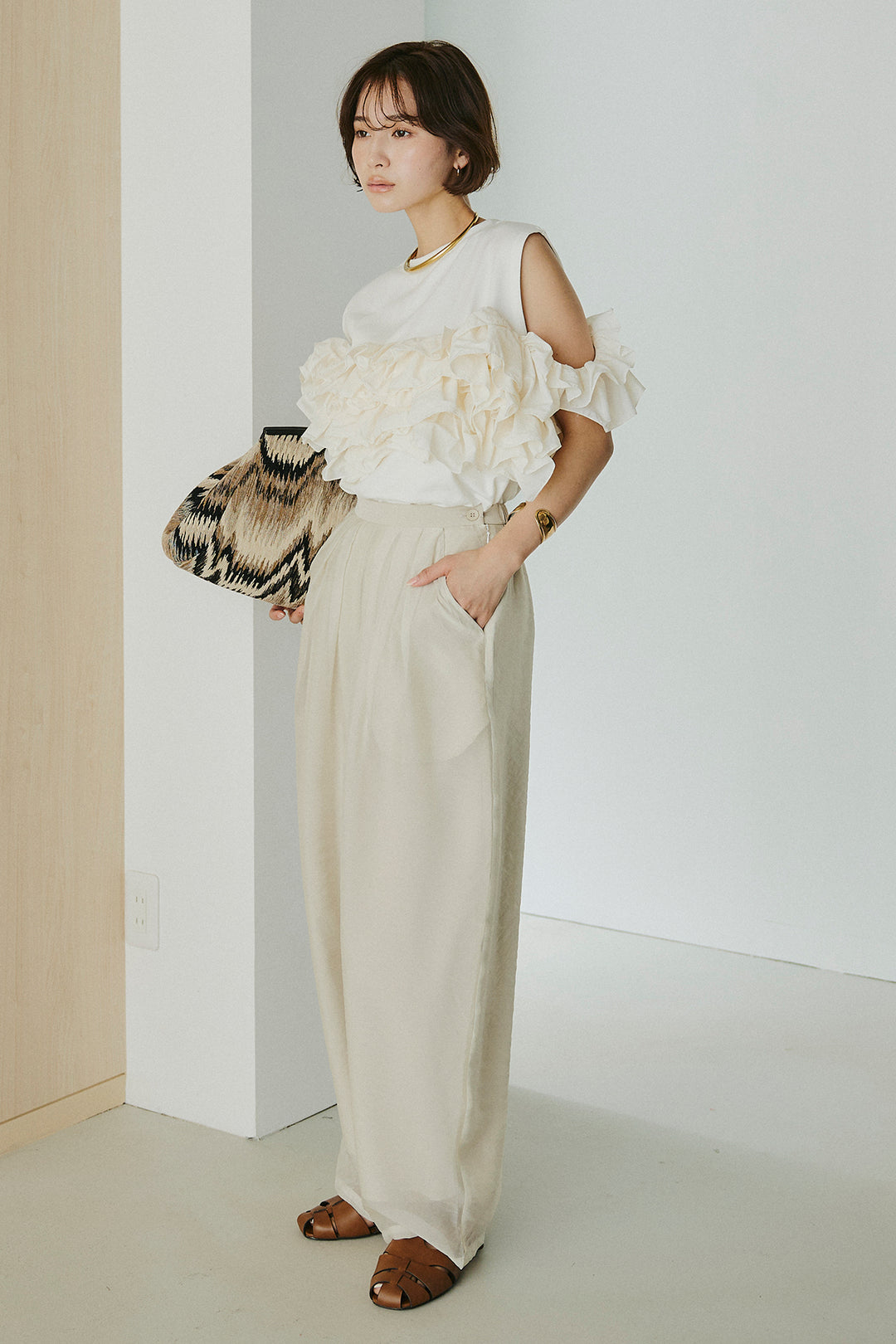 [SET]天竺ナイロンドッキングビスチェ風トップス+オーガンジータックパンツ(2set)