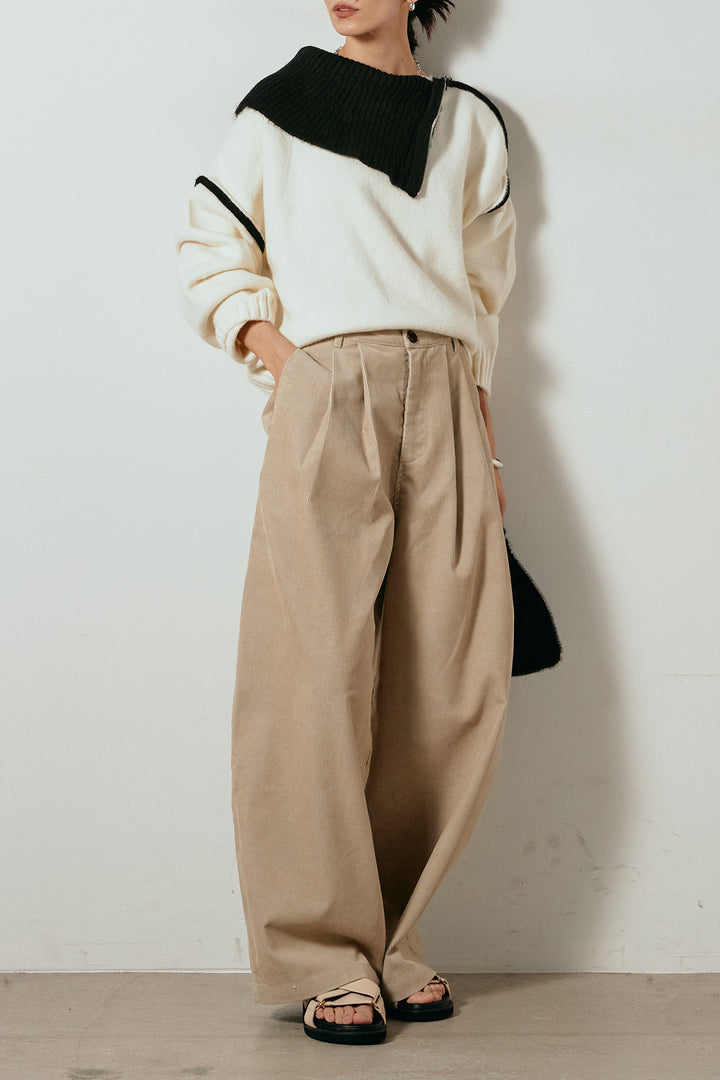 [SET]ハイネックジップデザインニットトップス+フロントタック入りコーデュロイパンツ(2set)