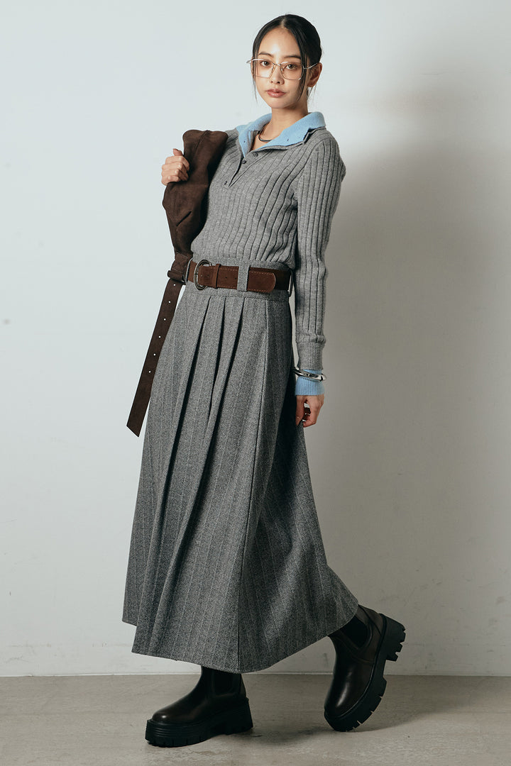 [SET]レイヤード風リブニットトップス+太ベルト付きヘリンボーンプリーツスカート(2set)
