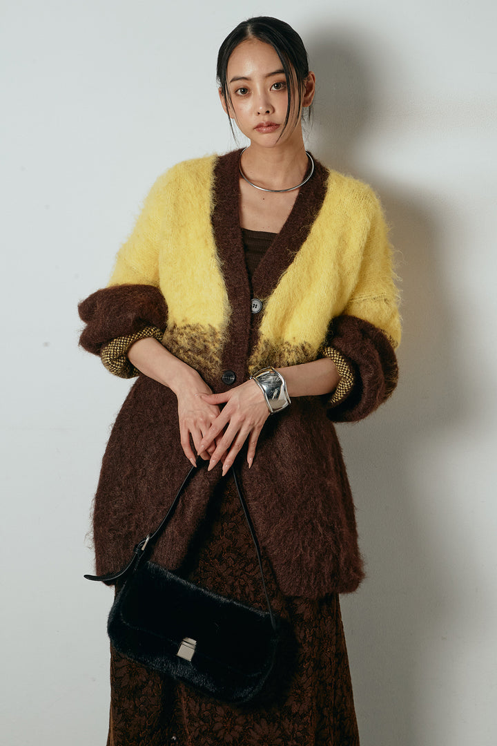 [SET]起毛グラデーションニットカーディガン+花柄刺繍ベロアフレアスカート(2set)