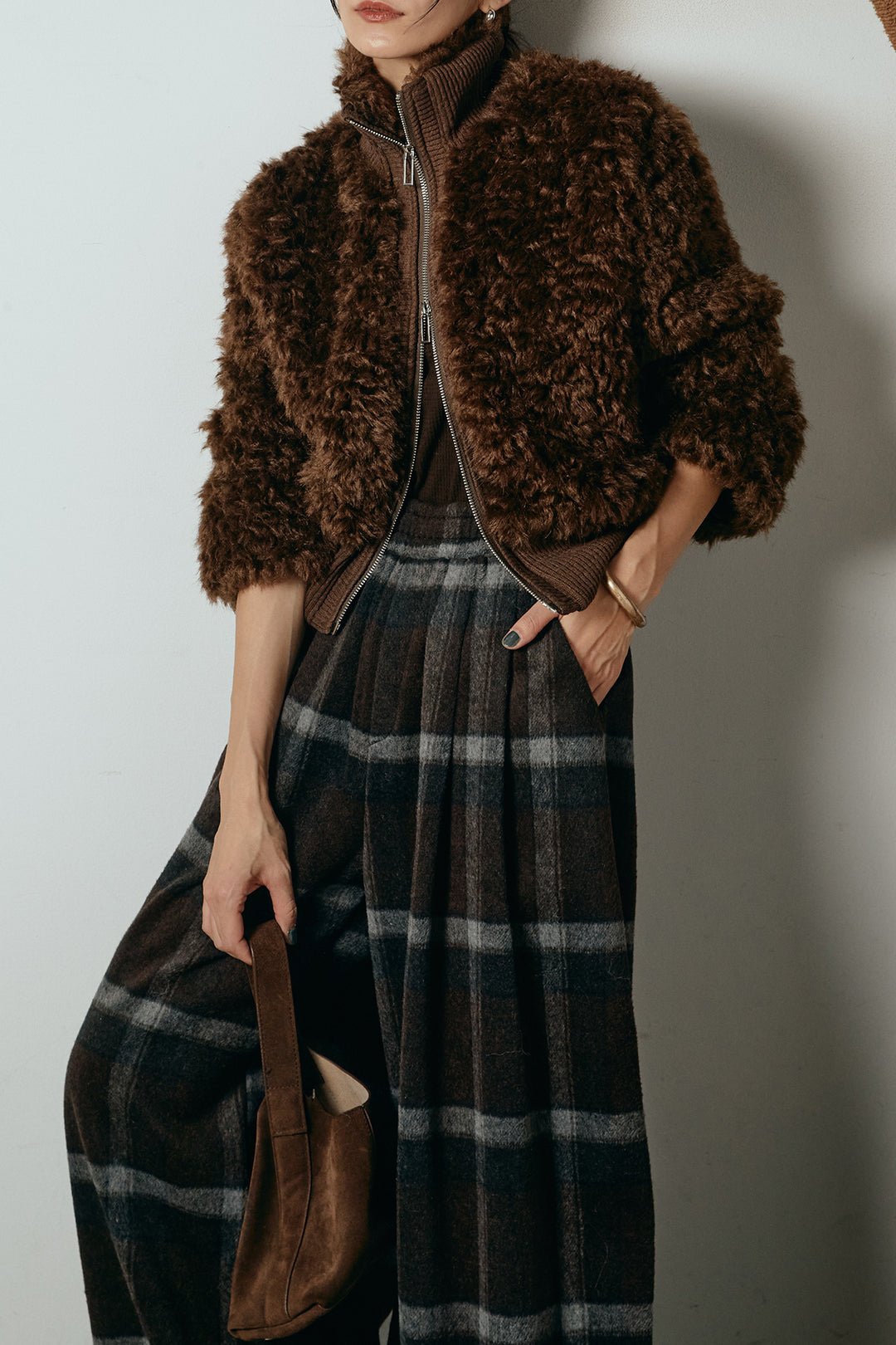 [SET]ハイネックショート丈ボアジップブルゾン+起毛タータンチェック柄ワイドパンツ(2set)