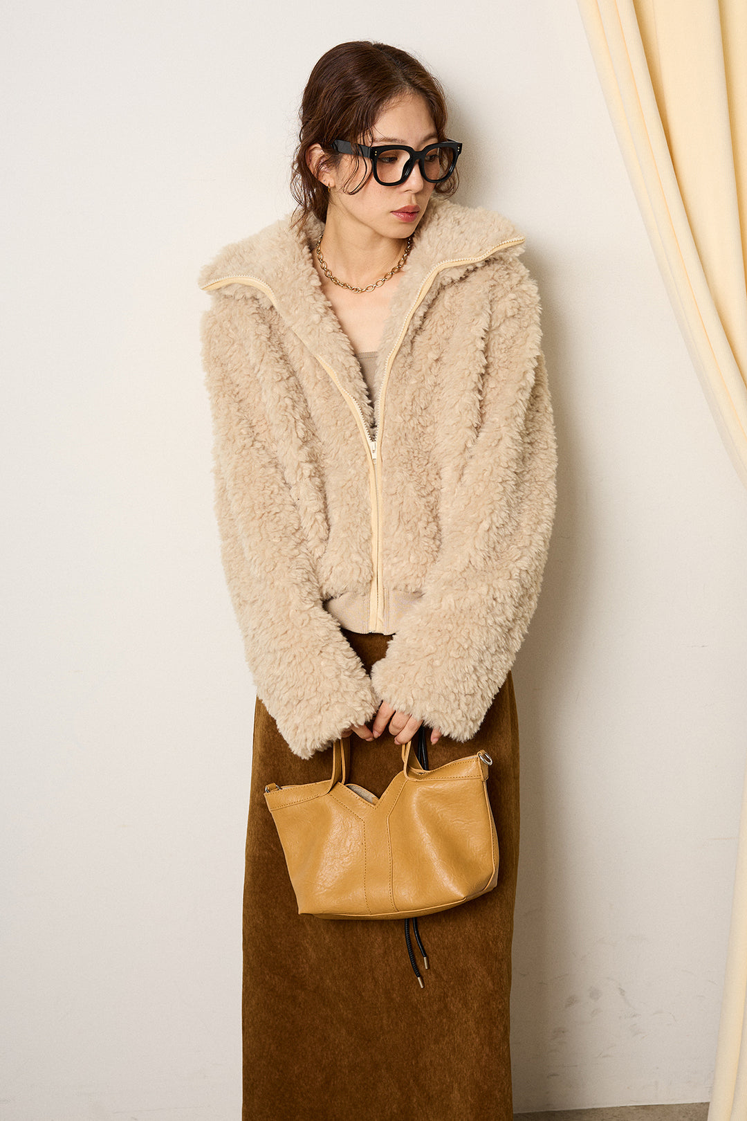 [SET]スタンドカラー裾リブボアブルゾン+ロープベルト付きスウェード調スカート(2set)