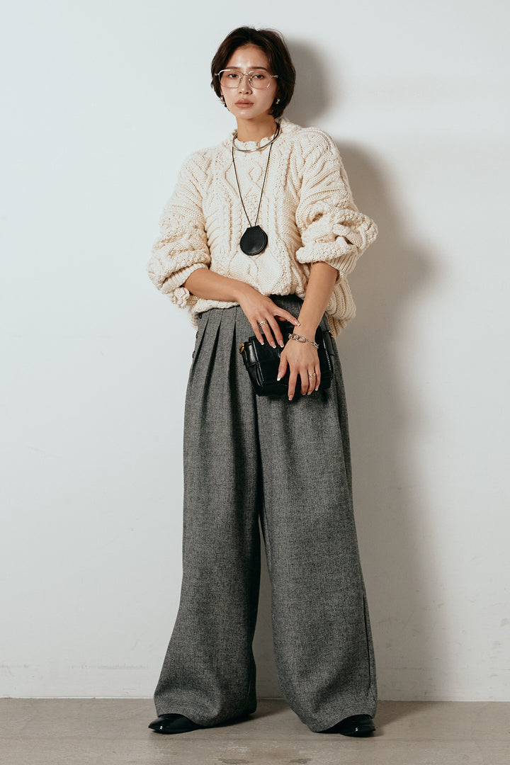 [SET]アラン柄ミックスケーブルニット+サイドボタンツイードタックパンツ(2set)