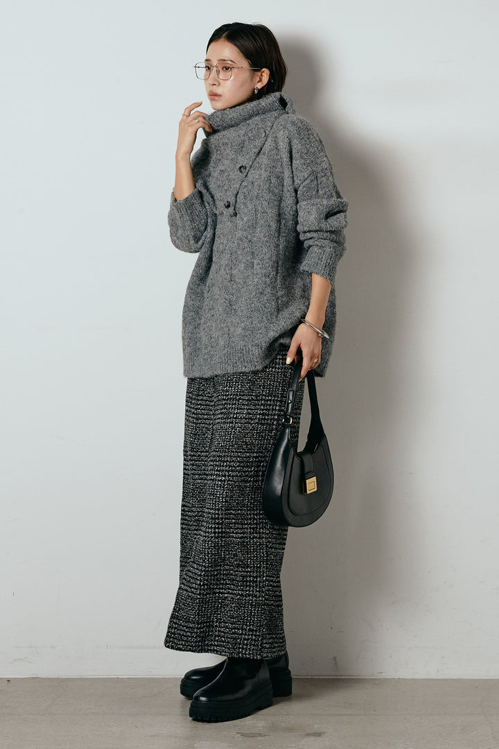 [SET]ケープデザインケーブルニットトップス+グレンチェック柄フロントジップタイトスカート(2set)