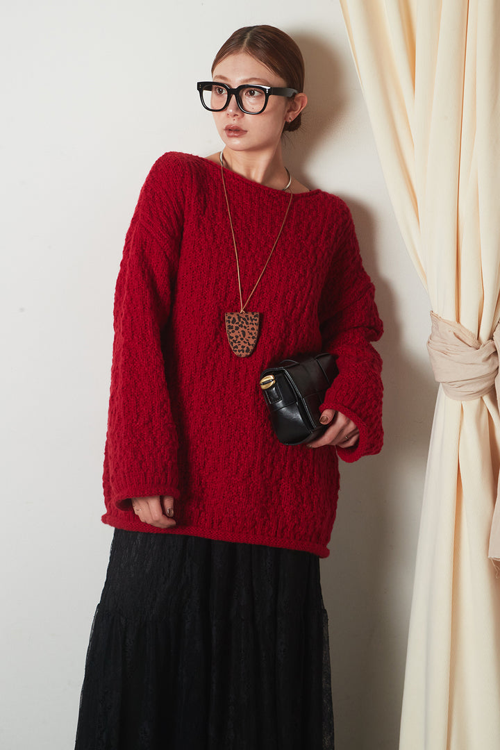 [SET]ボリューム編みニットプルオーバー+ひげレース切替ロング丈スカート(2set)