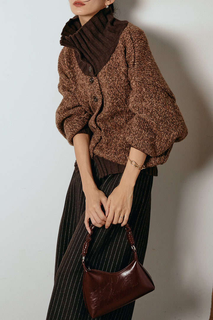 [SET]ハイネックミックスニットカーディガン+ウールライクストライプパンツ(2set)