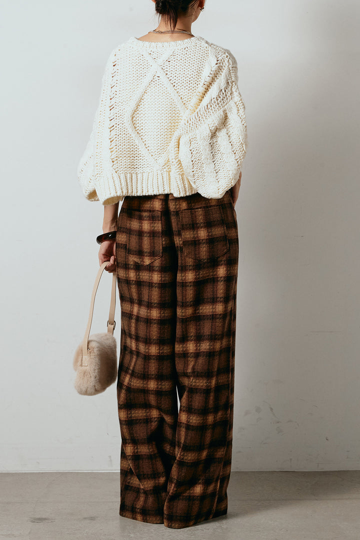 [SET]ロービングケーブルショート丈プルオーバー+ルーズタータンチェックワイドパンツ(2set)