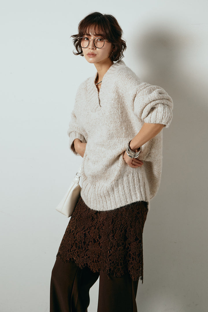 [SET]Vネックラメニットトップス+レース刺繍レイヤードフレアパンツ(2set)