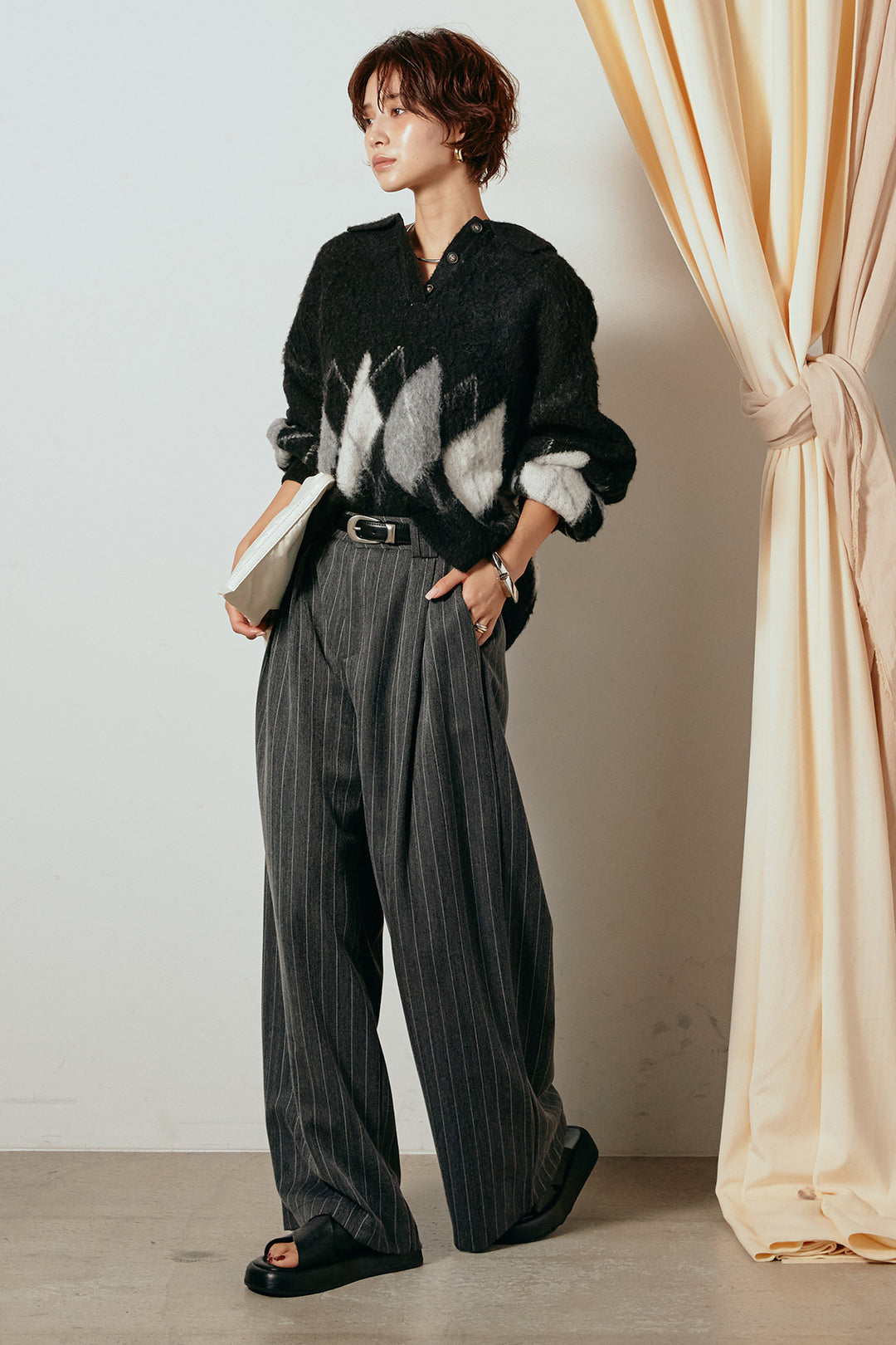 [SET]アーガイル柄ポロニットトップス+ストライプヘリンボーンパンツ(2set)