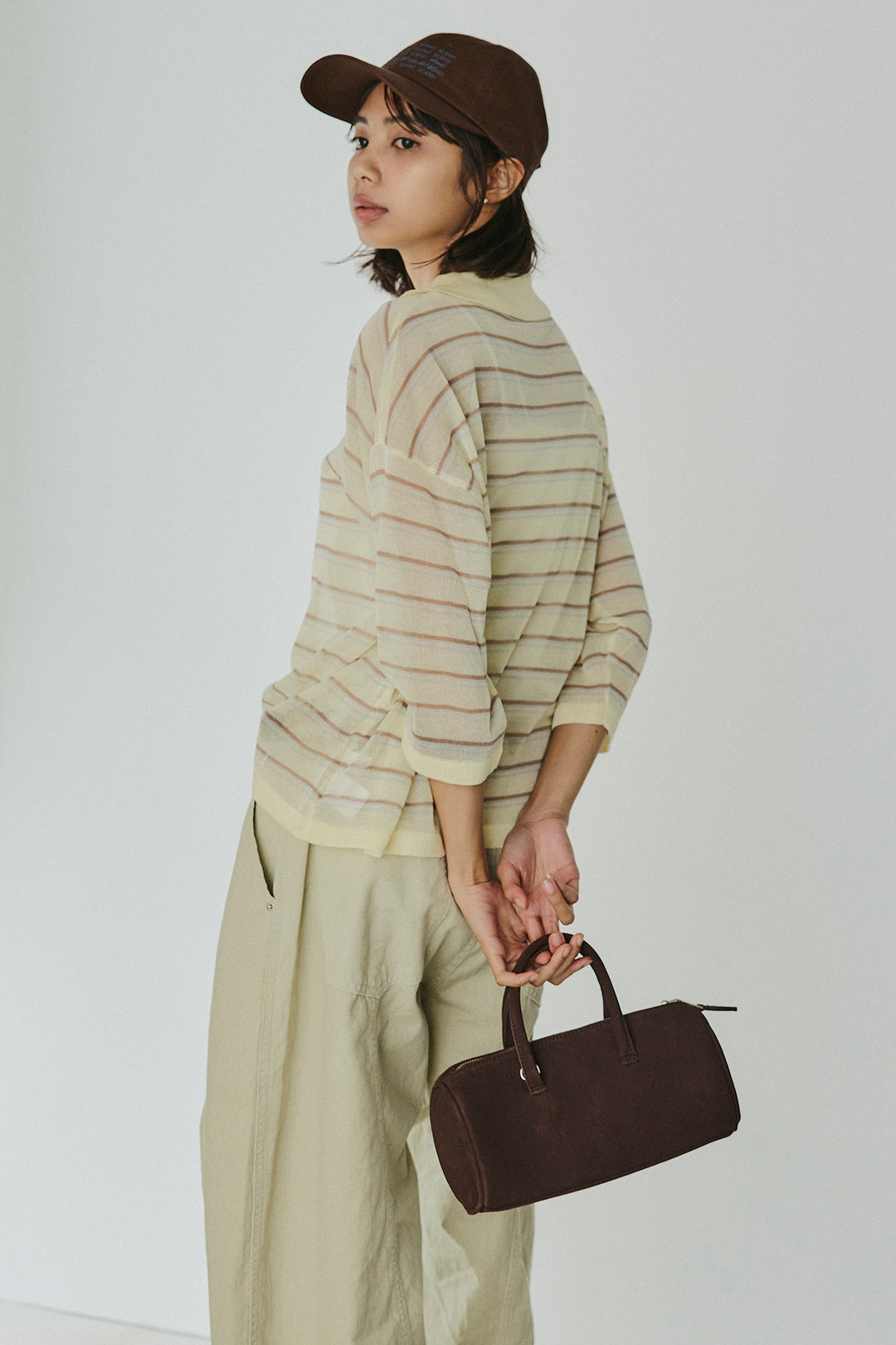 [SET]ボーダーニットポロシャツ+サイドベルトカーブワイドパンツ(2set)