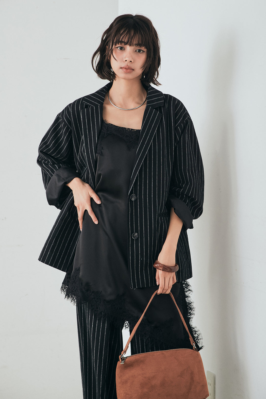 [SET]リネンライクストライプテーラードジャケット+リネンライクストライプタックイージーパンツ(2set)