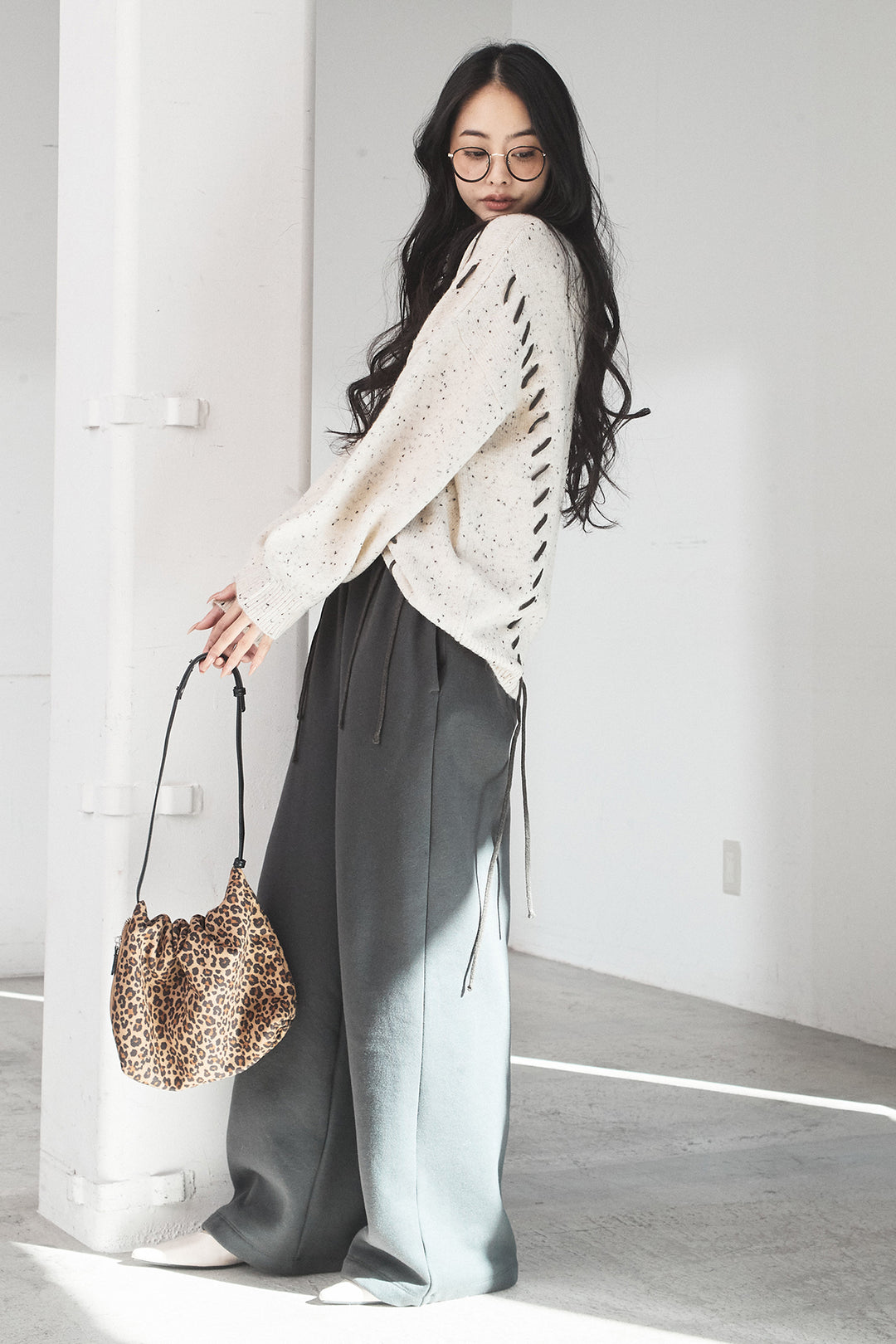 [SET]ネップ編み上げニットトップス+裏起毛スウェットワイドパンツ(2set)