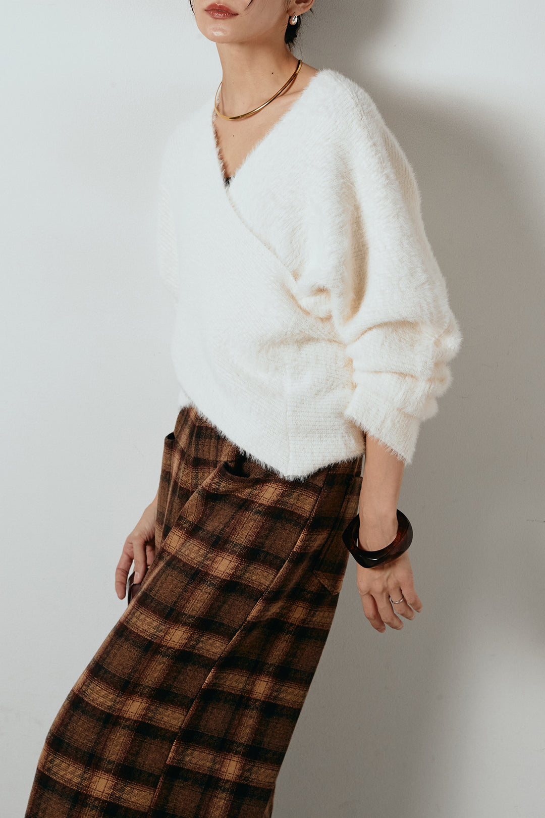 [SET]シャギーカシュクールニットトップス+ルーズタータンチェックワイドパンツ(2set)