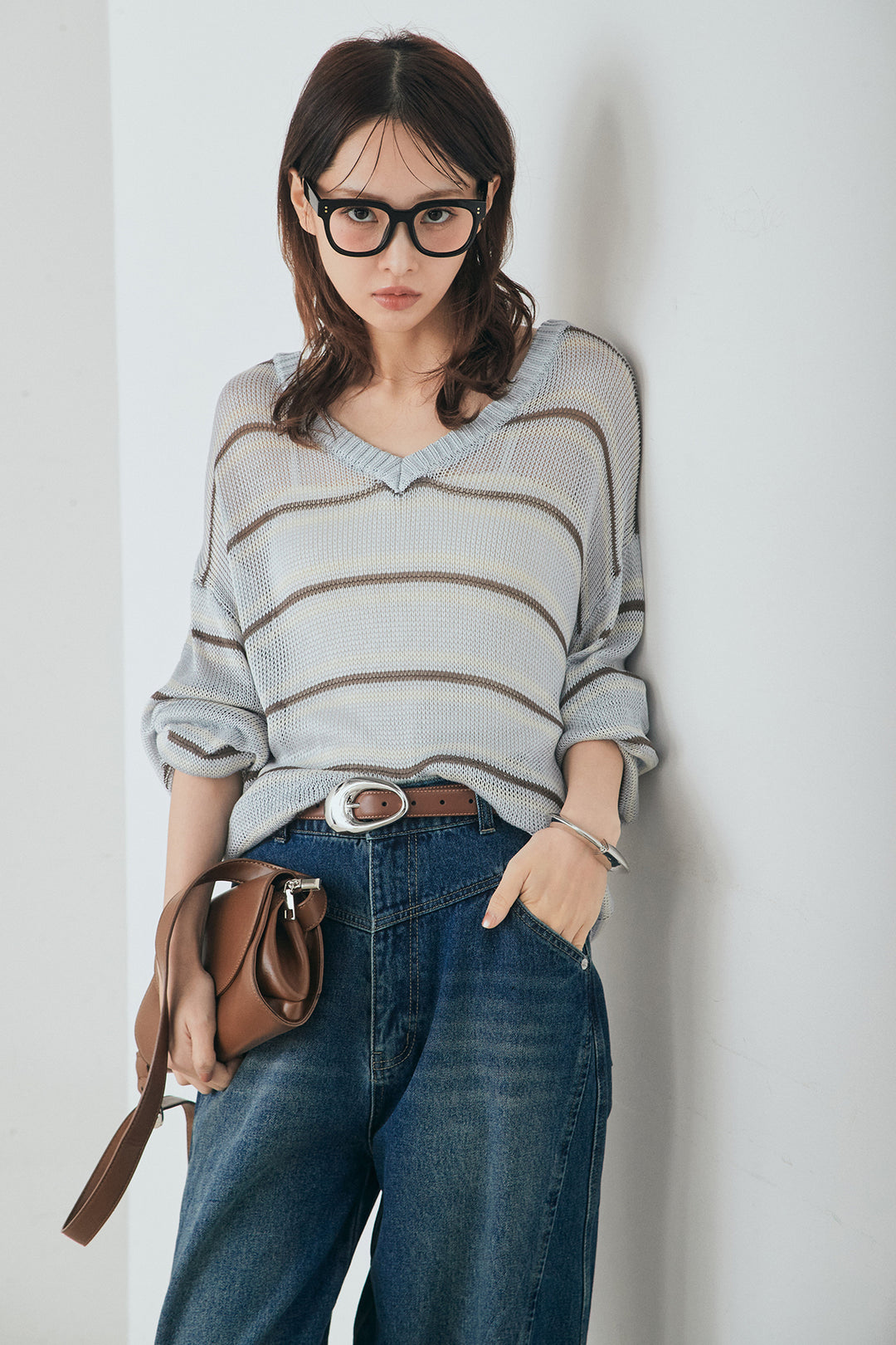 [SET]綿タッチVネックボーダートップス+デニムヨークパンツ(2set)