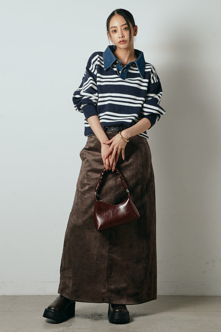 [SET]デニムレイヤード風ランダムボーダーニットプルオーバー+エコスウェードワイドスカート(2set)