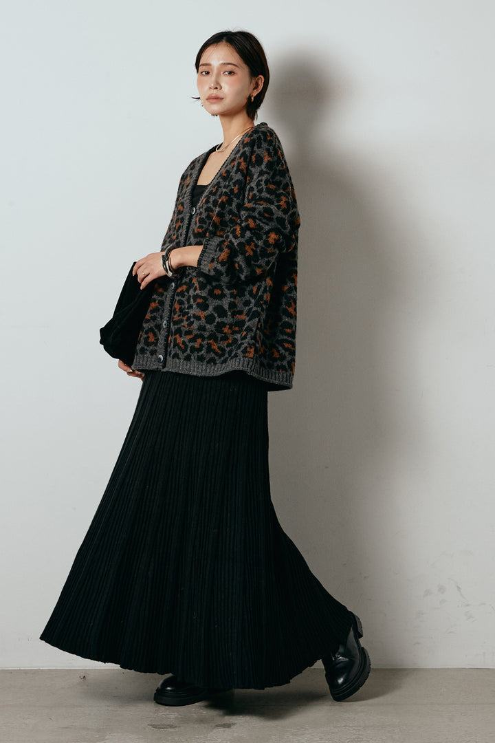 [SET]ステッチデザインレオパードニットカーディガン+リブニットフレアスカート(2set)