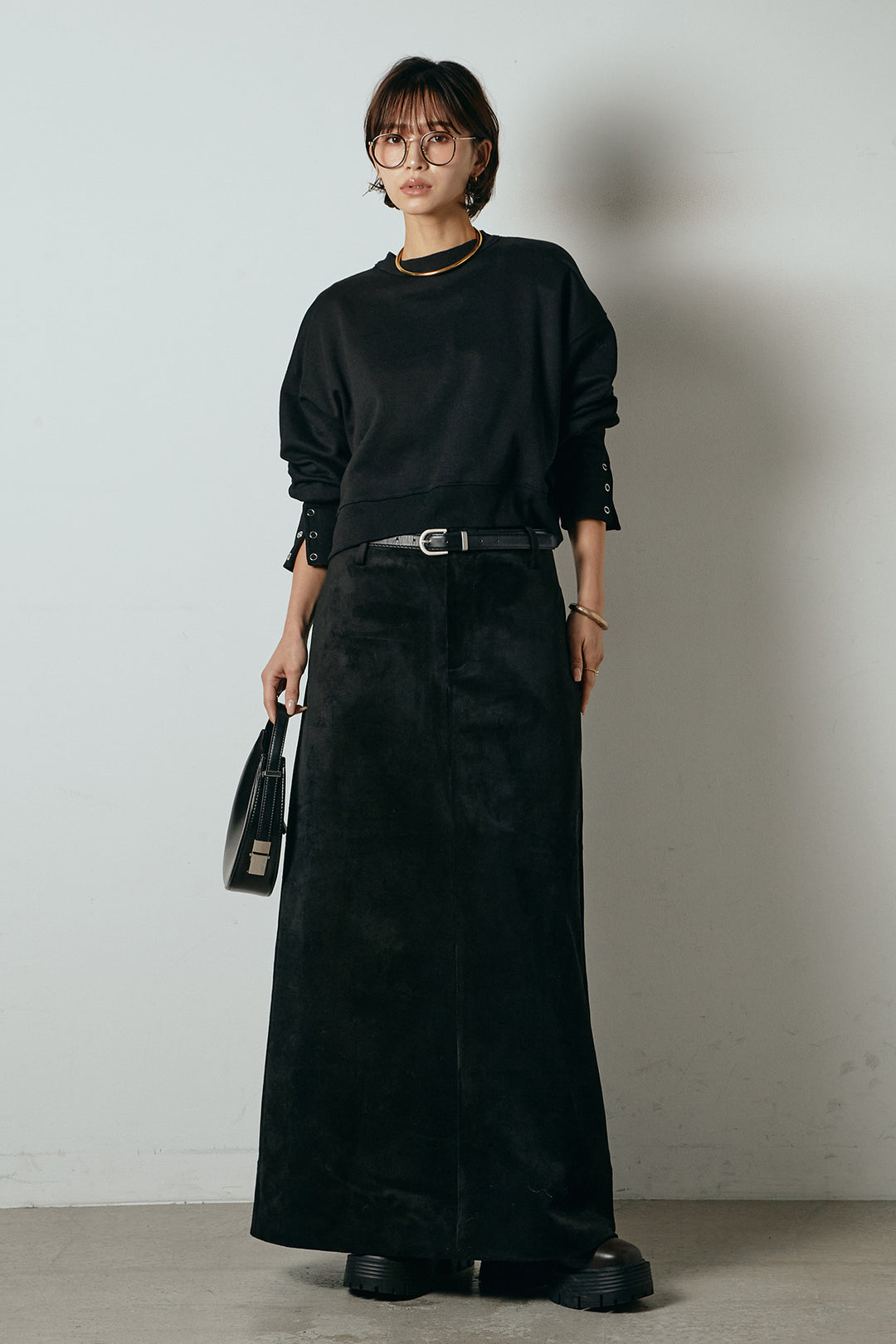 [SET]裏毛バックオープンプルオーバー+エコスウェードワイドスカート+ストレッチレースクルーネックインナー(3set)