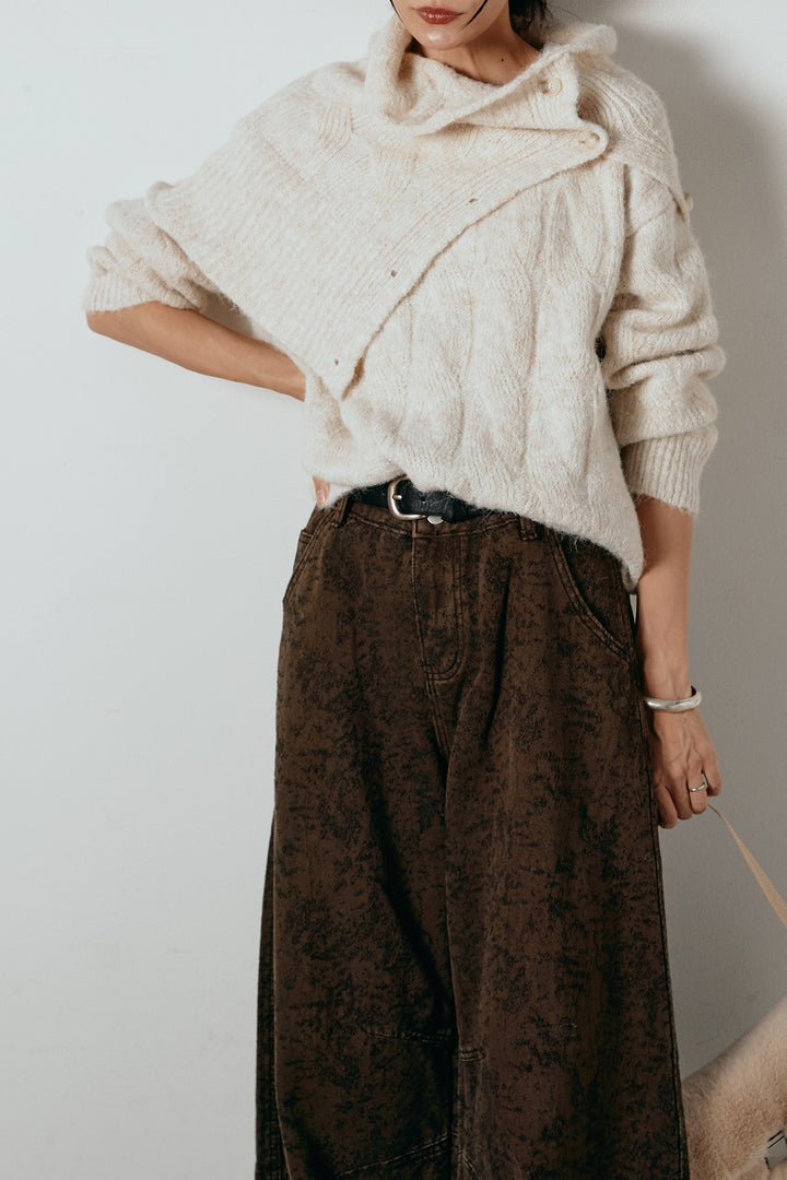 [SET]ケープデザインケーブルニットトップス+ベルト付きニュアンス柄カーブワイドパンツ(2set)