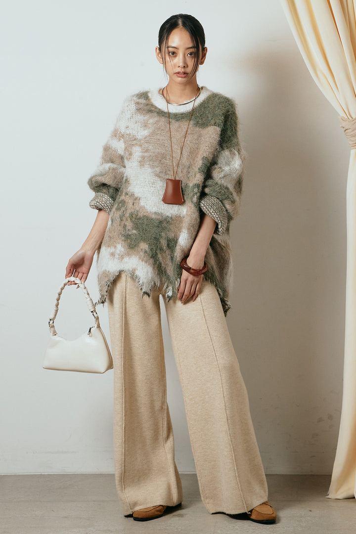 [SET]起毛裾デザインニュアンス柄ニットトップス+センターラインニットパンツ(2set)