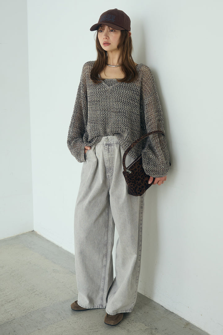 [SET]メッシュ編みビスチェセットVネックプルオーバー+カラーデニムタックカーブパンツ(2set)