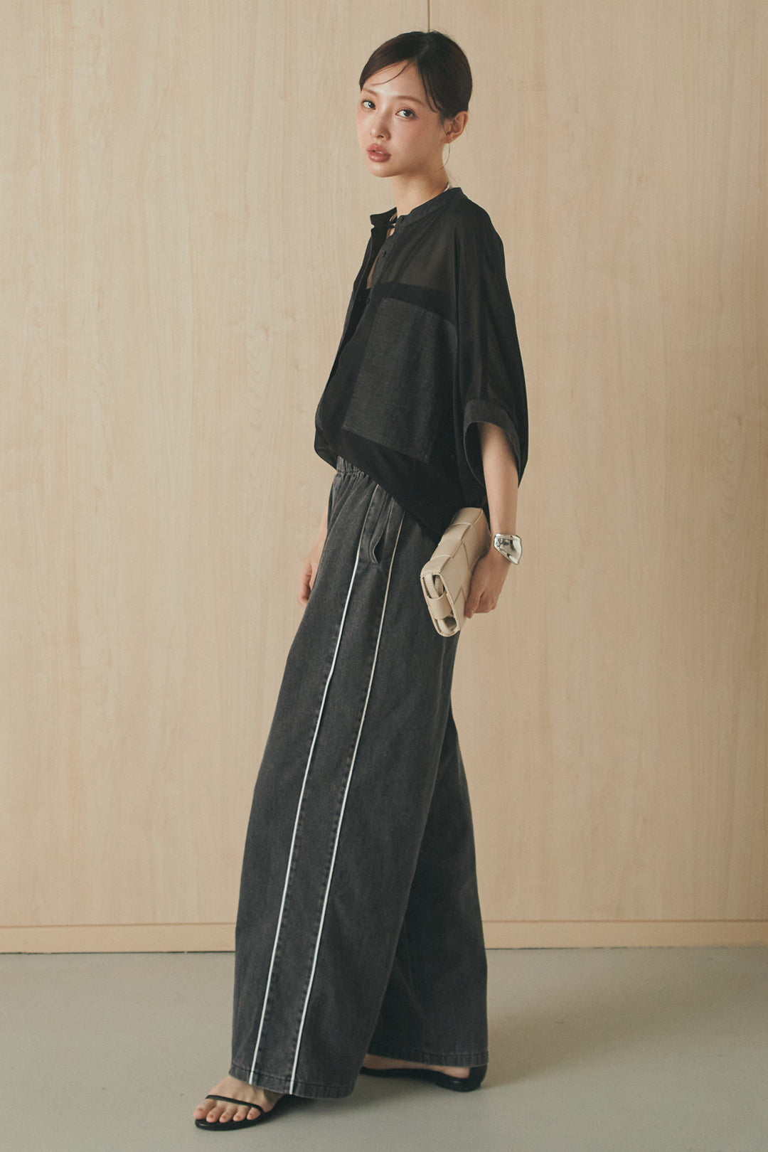 [SET]デニムライクビッグツーポケシアーシャツ+ドロストサイドラインデニムパンツ(2set)