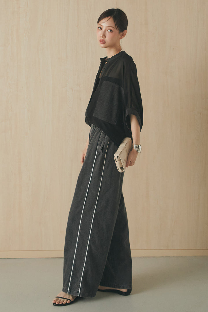 [SET]デニムライクビッグツーポケシアーシャツ+ドロストサイドラインデニムパンツ(2set)