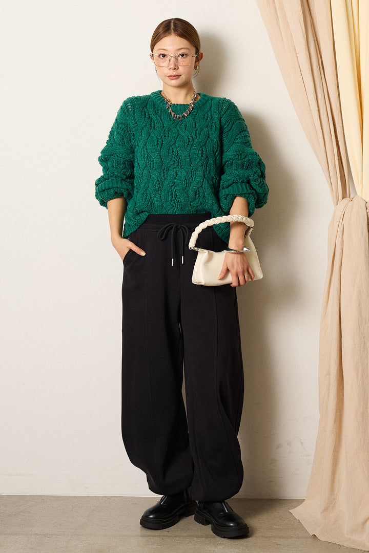 [SET]ケーブルリラックスショートニット+スウェットワイドカーブパンツ(2set)