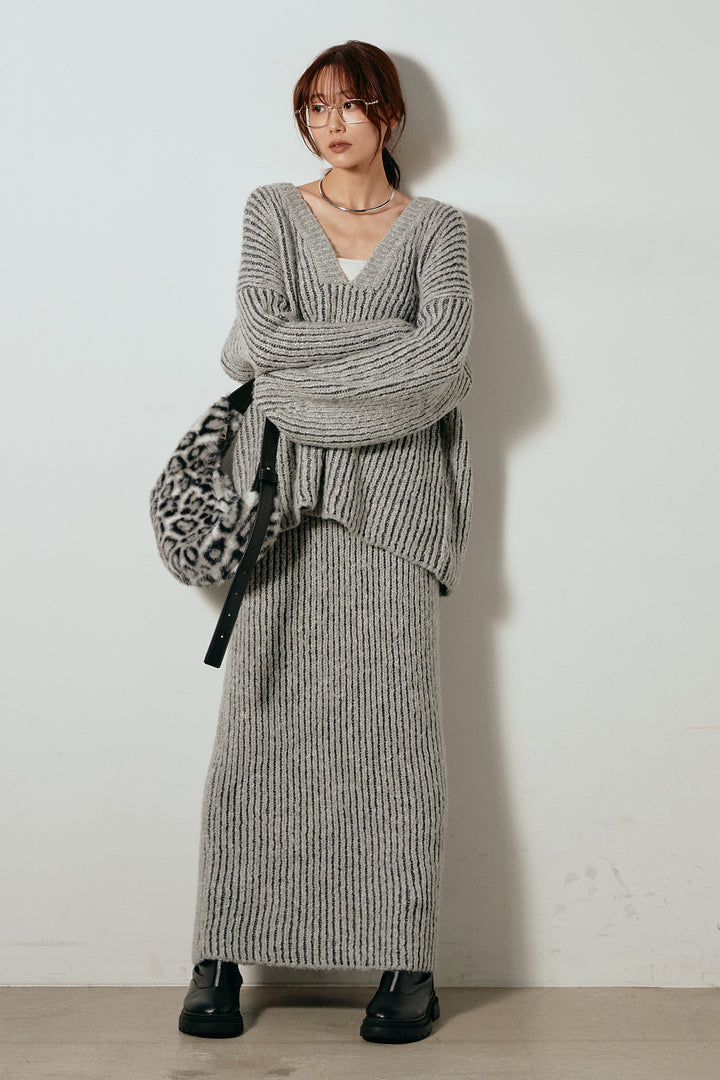 [SET]アルパカタッチ深Vニットトップス+アルパカタッチニットタイトスカート(2set)