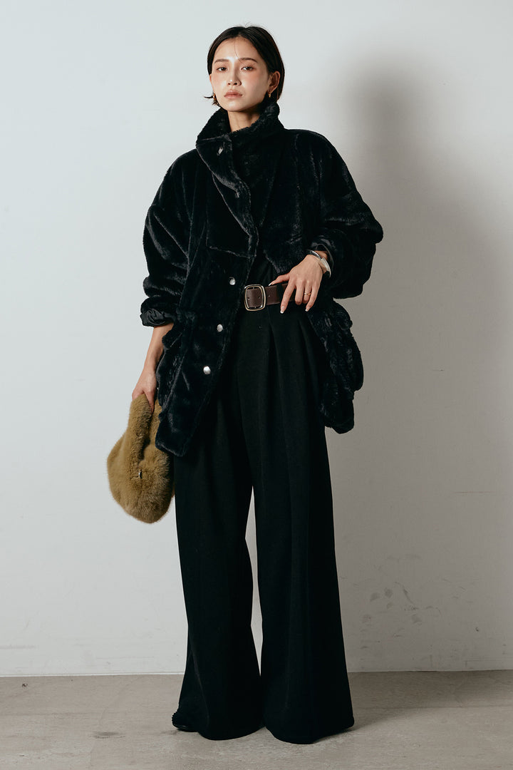 [SET]スタンドネックファーコート+フェイクレザー太ベルト付きタックワイドパンツ(2set)