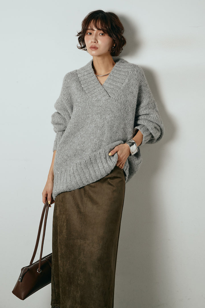 [SET]Vネックラメニットトップス+スウェードライク裾フリンジスカート(2set)