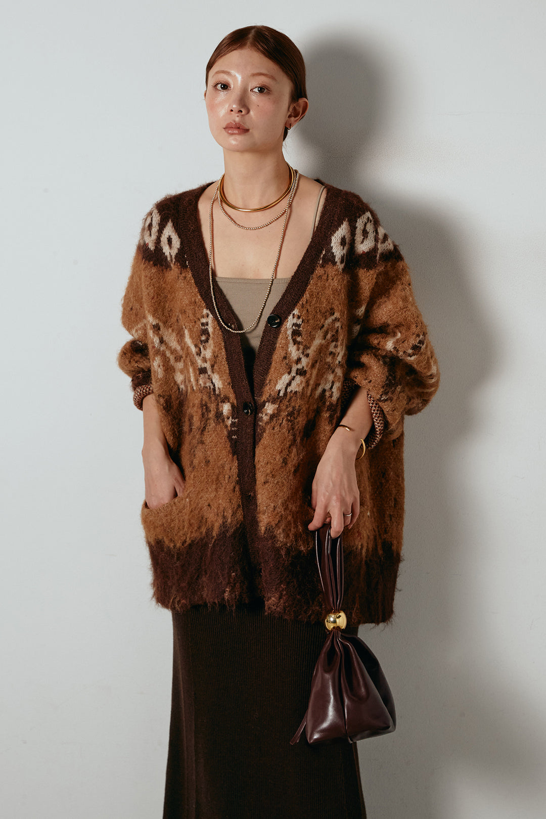 [SET]シャギーニュアンス柄ニットカーディガン+リブナローニットスカート(2set)