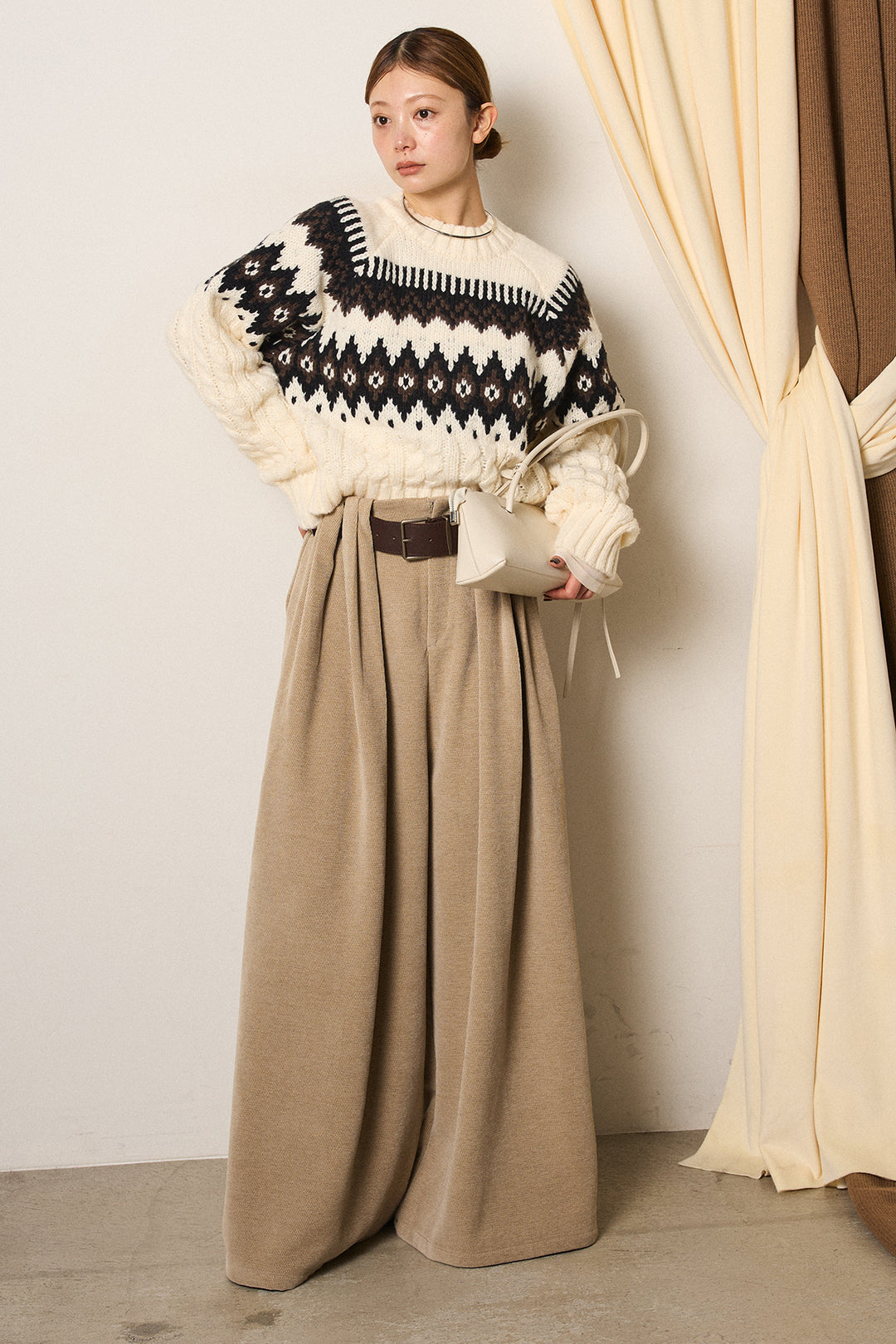 [SET]2WAY求心柄ジャガードショートカーディガン+ベルトループコーデュロイワイドパンツ(2set)