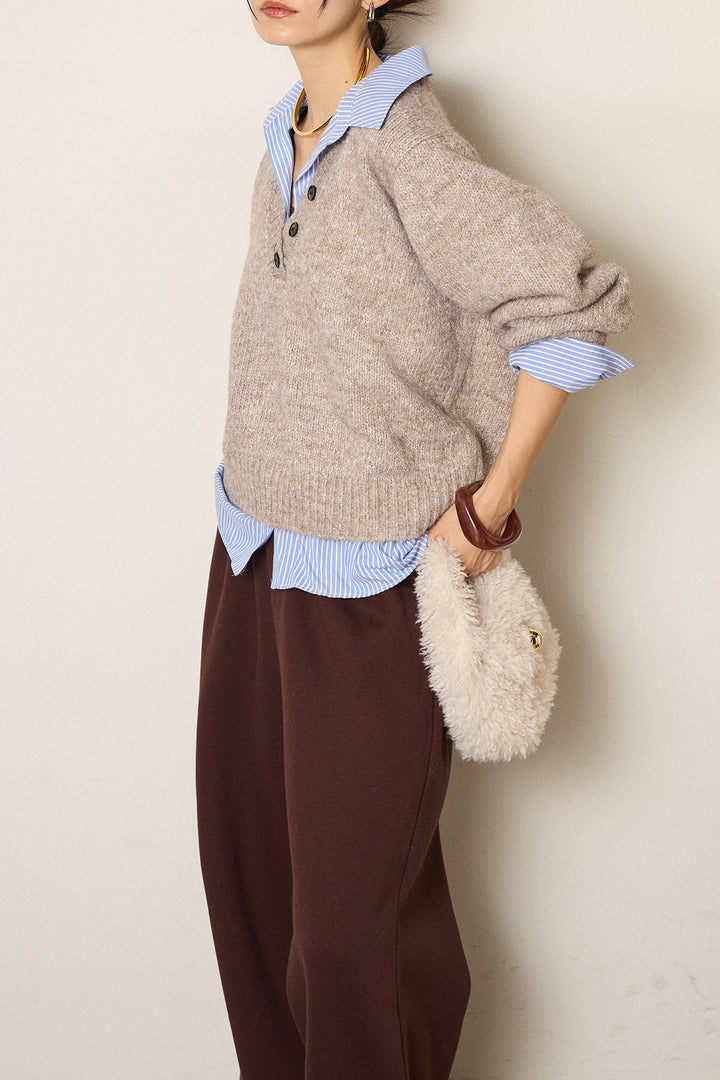 [SET]ストライプシャツドッキングニットポロトップス+裏起毛スウェットワイドパンツ(2set)