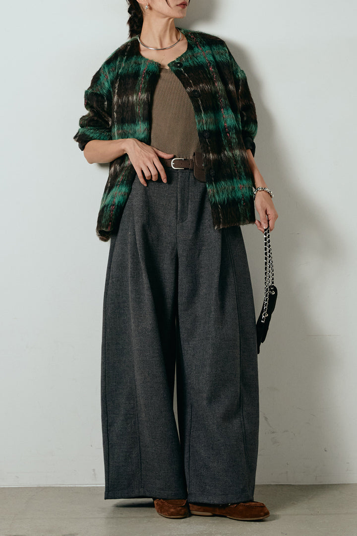 [SET]ノーカラーシャギーチェックアウター+ポーチベルト付きカーブパンツ(2set)